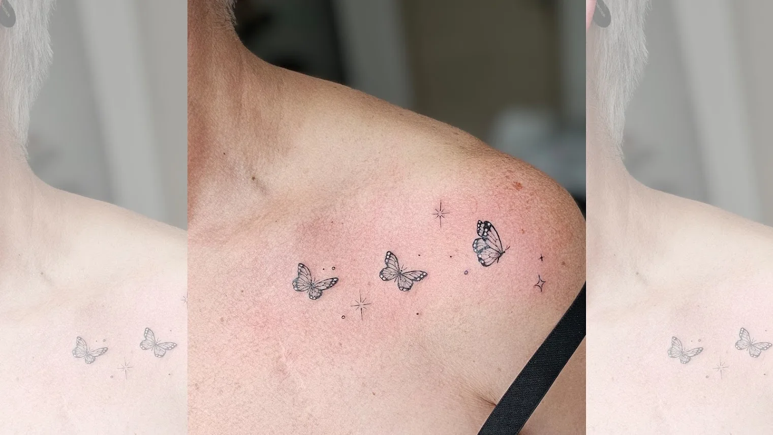 Fine butterfly tattoos across a shoulder
