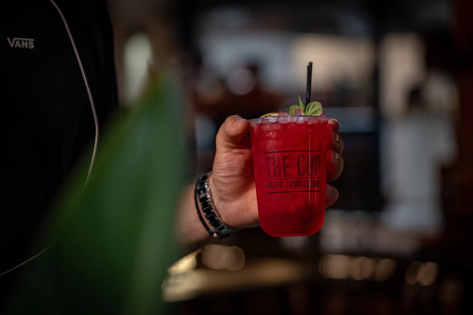 A red cocktail served at The Cup